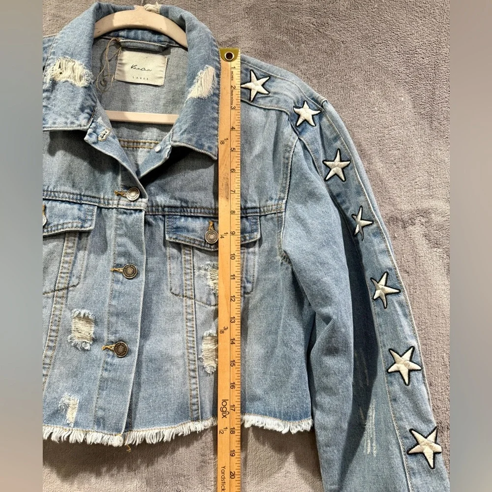 Kancan Stars Distressed Cropped Denim Jacket Women’s Size Large NWOT